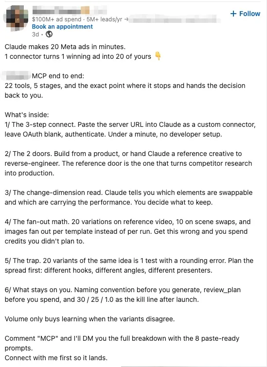 A real post this week: Claude makes 20 ads in minutes, then 'hands the decision back to you.' That handoff is the whole story.