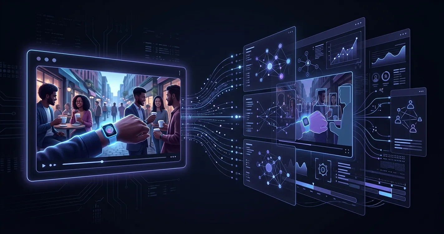 Conceptual illustration: AI analyzing a video ad creative, with semantic analysis layers and data flows